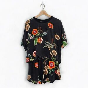 Johnny Was Annalyn Silk Floral Set Short Sleeve Top & Shorts Black Multi Small